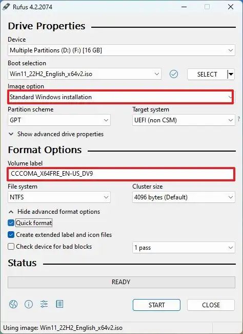 Paramètres de démarrage de Rufus Windows 11