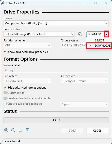 Option de téléchargement ISO de Rufus Windows 11