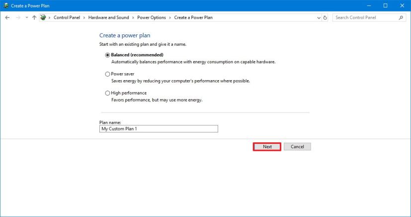Configuration du nouveau plan d'alimentation de Windows 10