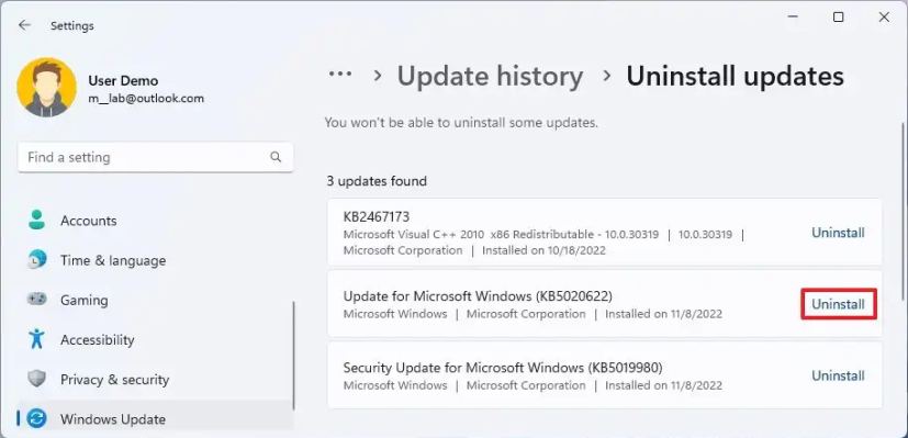 Mise à jour de désinstallation de Windows 11