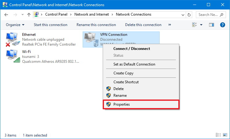 Propriétés de la connexion VPN