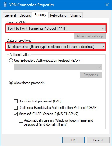 Options de sécurité de la connexion VPN sur Windows 10