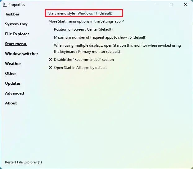 Style du menu Démarrer de Windows 11