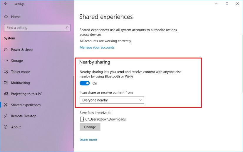 Activer le partage à proximité sur Windows 10