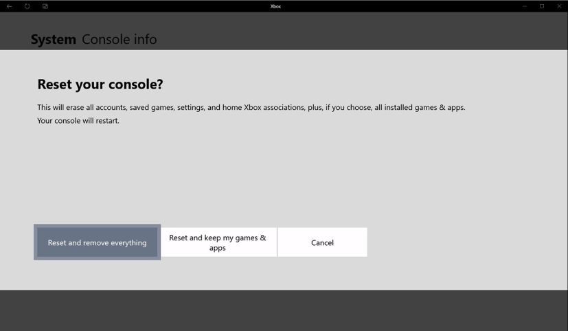 Paramètres des options de réinitialisation Xbox One