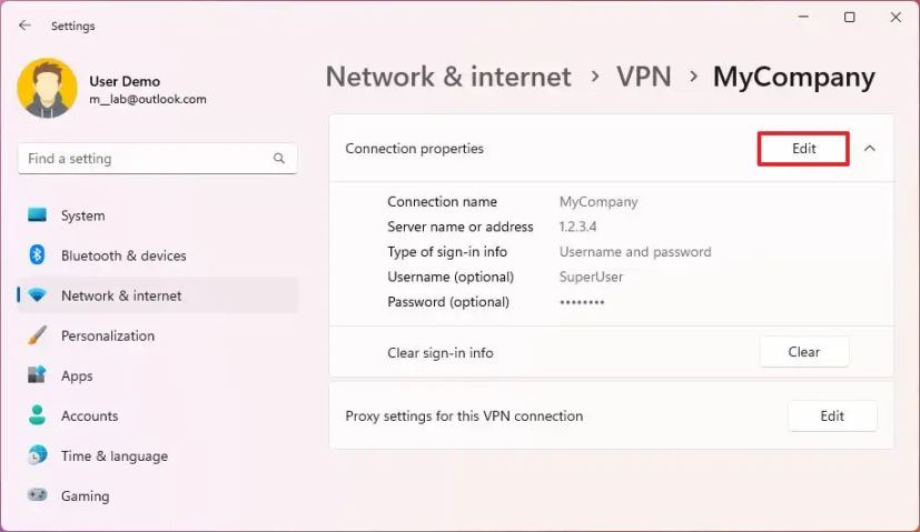 Propriétés de la connexion VPN
