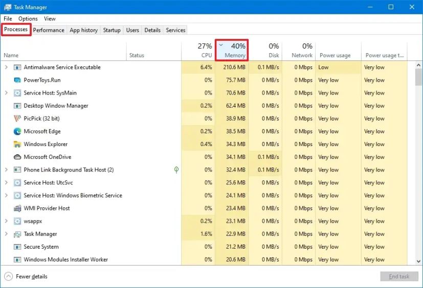 Utilisation de la mémoire de l'application Windows 10 Task Manager