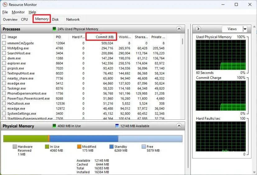 Utilisation de la mémoire de l'application Resource Monitor