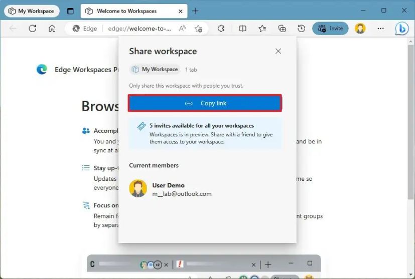Lien partageable Edge Workspace