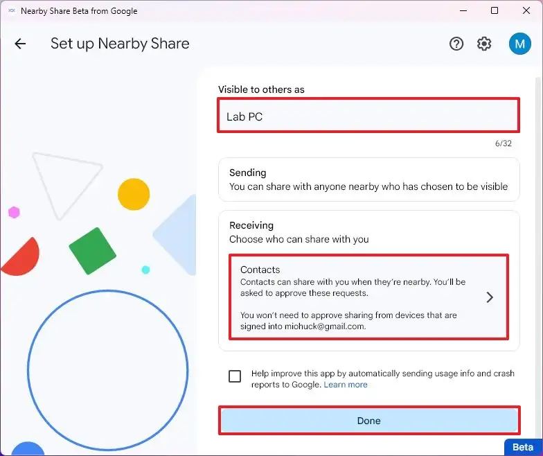 Configuration du partage Google à proximité