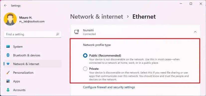 Changer le profil du réseau Ethernet