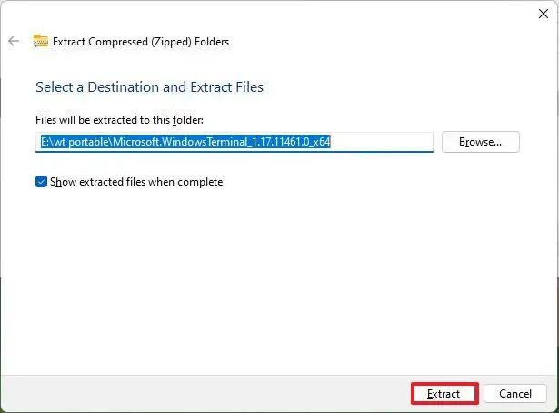 Paramètres d'extraction zip de Windows 11