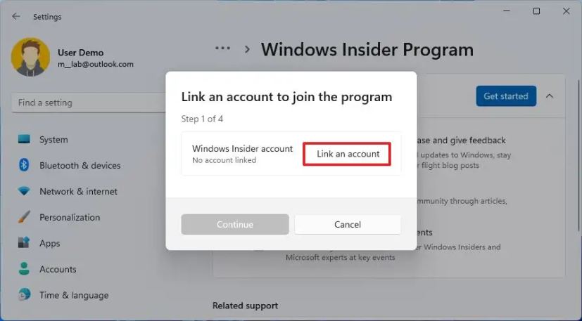Compte de lien initié Windows 11