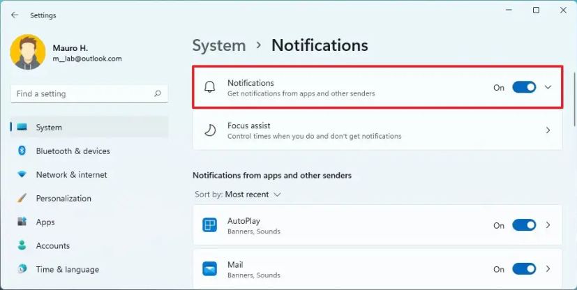 Windows 11 active les notifications