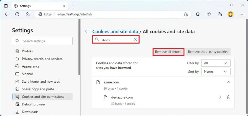 Microsoft Edge efface les cookies site Web spécifique