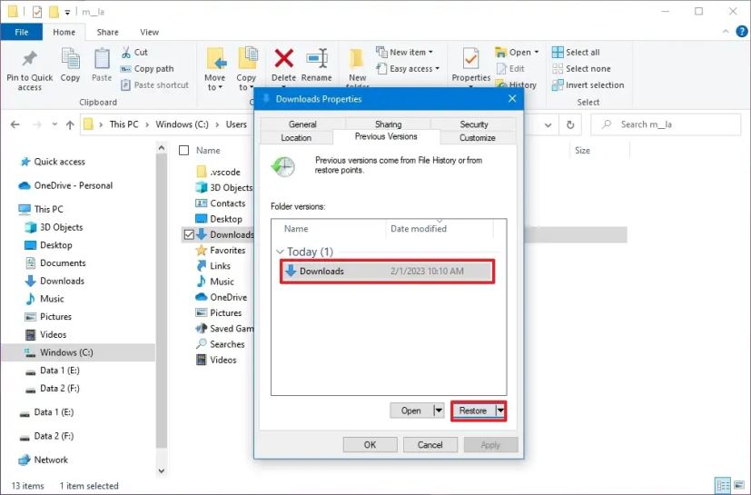 Windows 10 restaurer le fichier version précédente