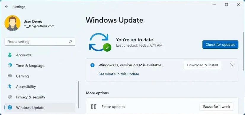 Téléchargement de Windows 11 22H2 via Windows Update