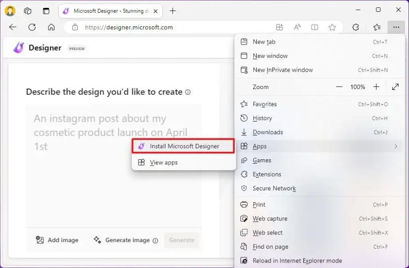 Windows 11 installe l'application Microsoft Designer