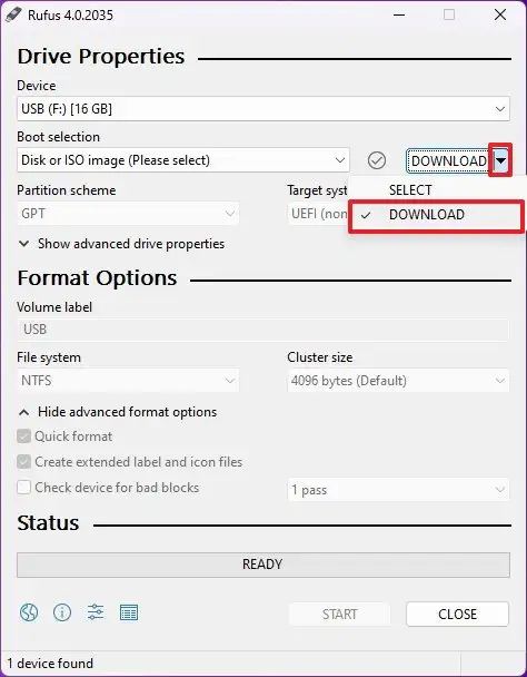 Option de téléchargement ISO de Rufus