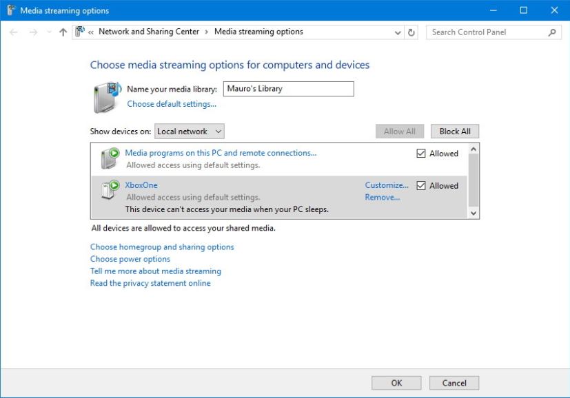 Options du serveur multimédia DLNA Windows 10