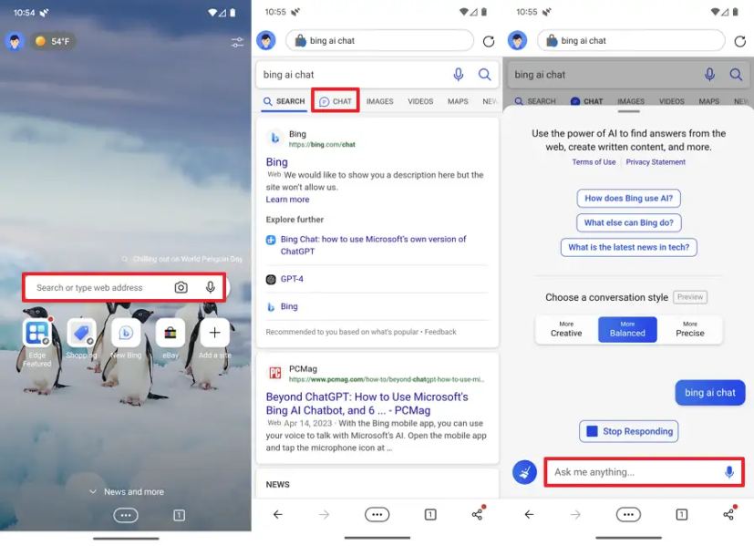 Microsoft Edge Bing Chat mobile