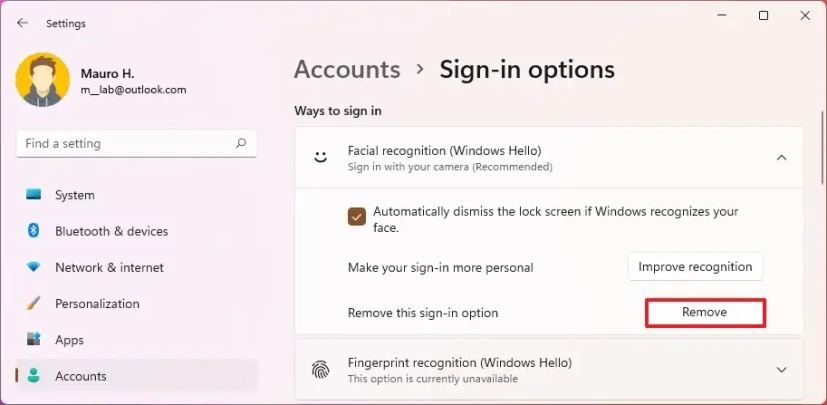 Supprimer le visage Windows Hello