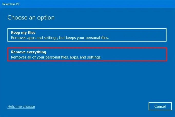 Réinitialisation de Windows 10 supprimant tout