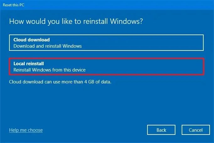 Réinstallation locale de réinitialisation de Windows 10