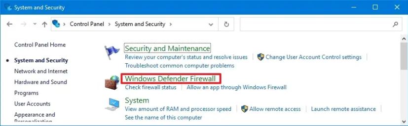 Pare-feu Windows Defender dans le Panneau de configuration