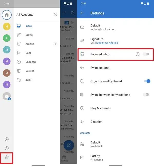 Outlook pour Android désactive la boîte de réception ciblée