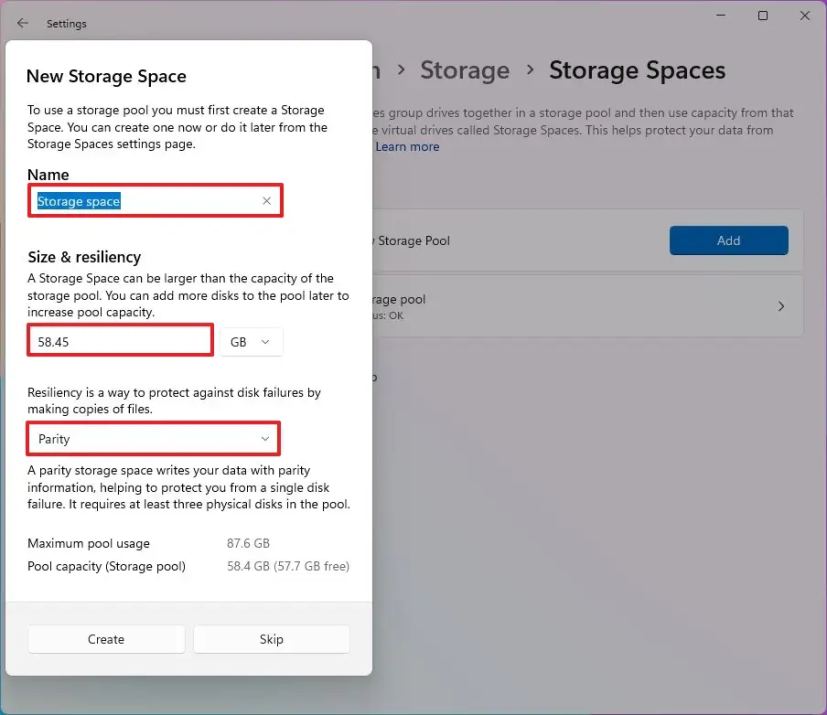 Paramètres de parité d'espace Windows 11