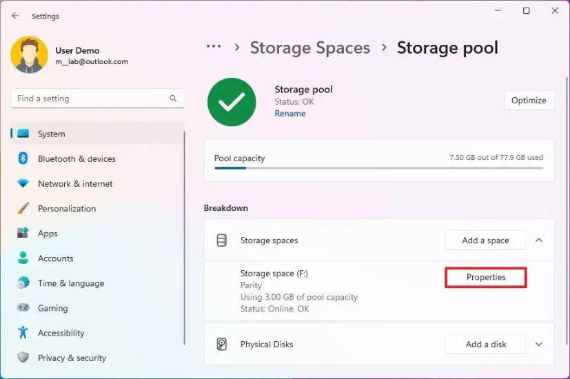 Propriétés de l'espace de stockage