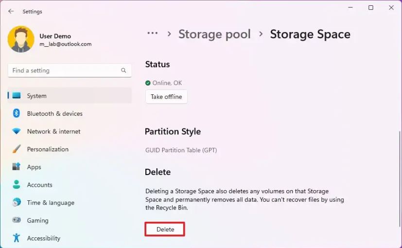 Supprimer l'espace de stockage