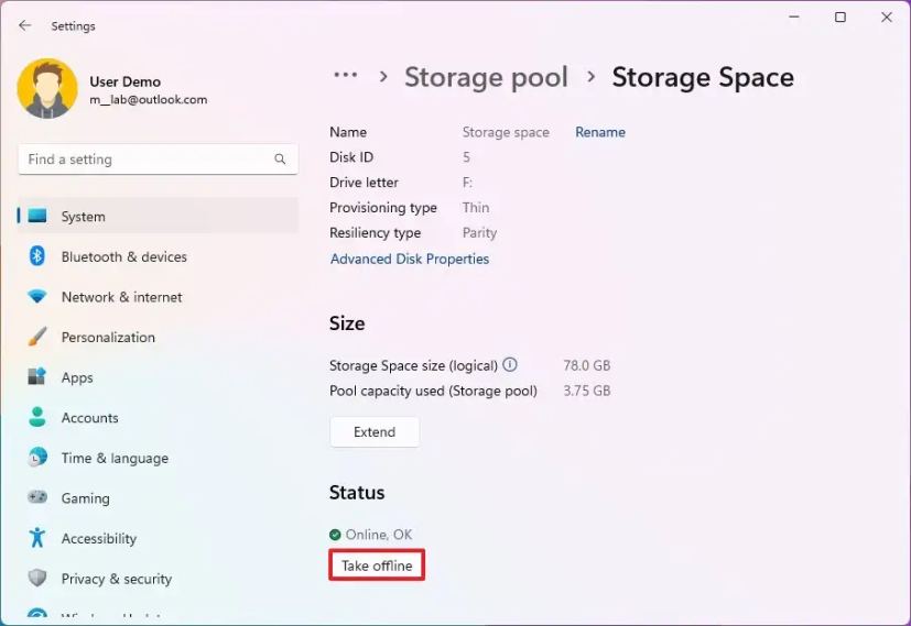 Parité d'espace de stockage hors ligne