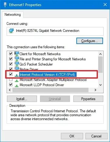Propriétés Ethernet1 sous Windows 10