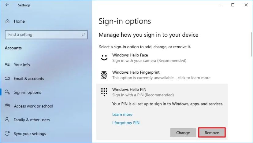 Supprimer le code PIN de Windows 10
