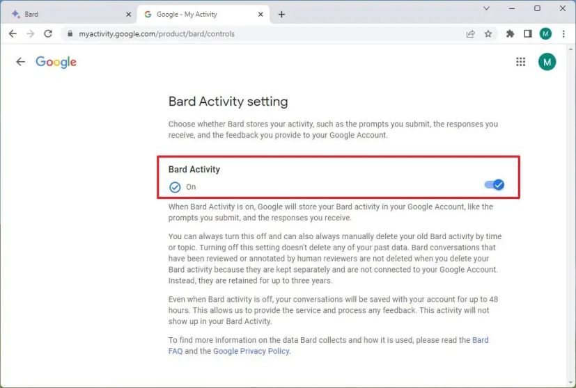 Google Bard désactive l'historique des activités