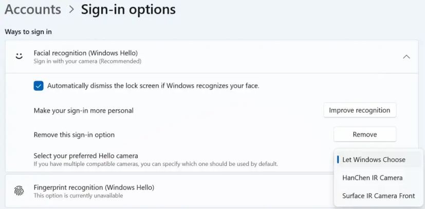 Prise en charge de plusieurs caméras Windows Hello