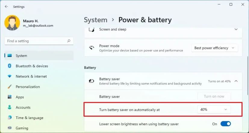 Windows 11 modifie les paramètres de l'économiseur de batterie