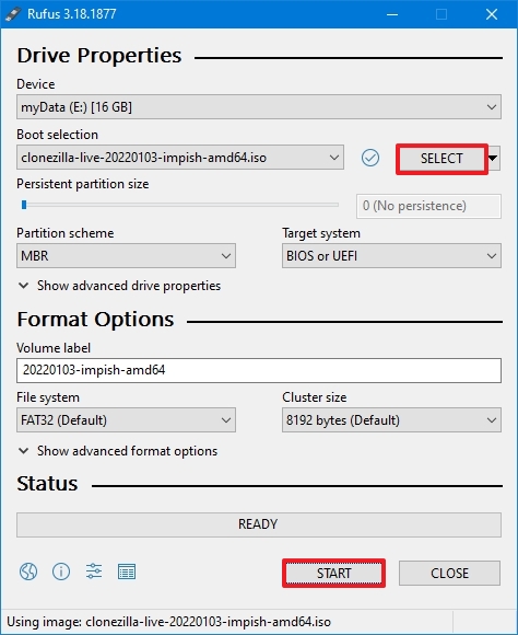 Clonezilla support de démarrage USB à l'aide de Rufus