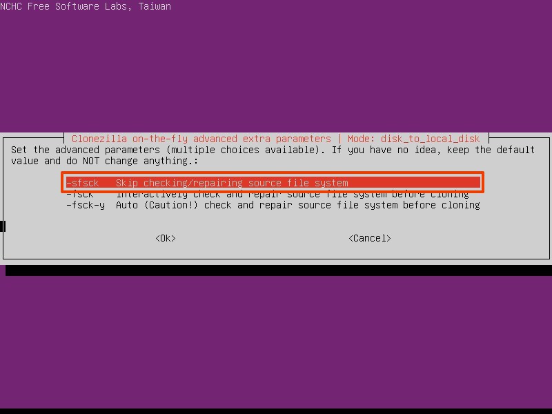 Clonezilla, ignorer la vérification et la réparation de l'option du disque source