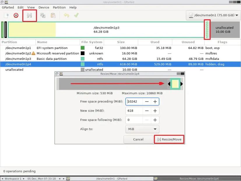 Déplacer la partition de récupération