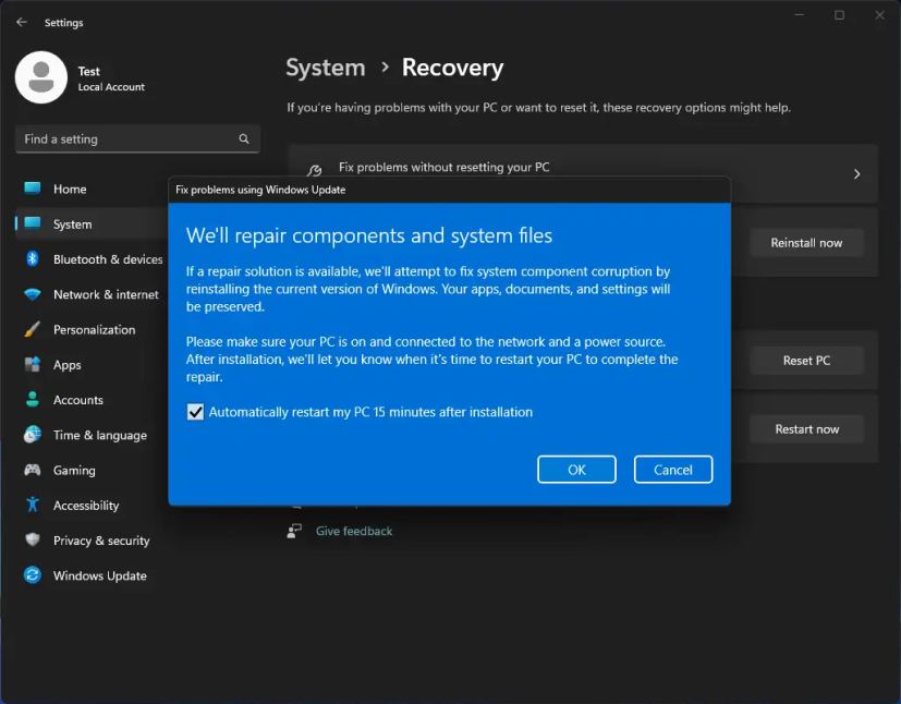 Nouvelle option de réinstallation de Windows 11