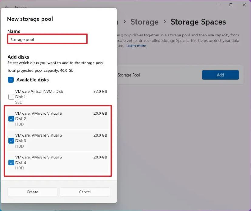 Configuration du pool de stockage