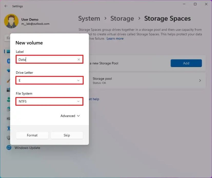 Configuration du volume des espaces de stockage