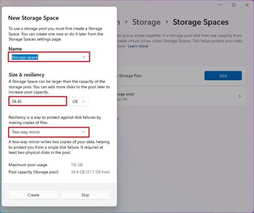 Créer un espace de stockage