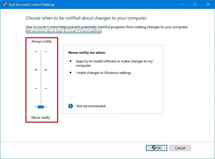 Paramètres UAC de Windows 10