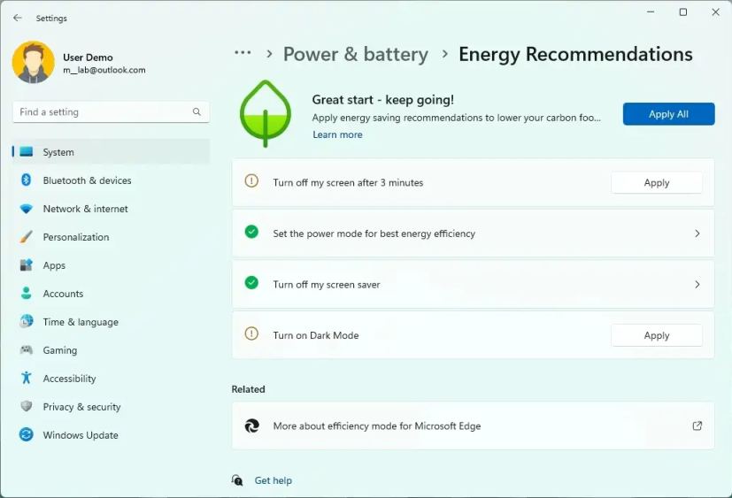 Recommandations énergétiques Windows 11