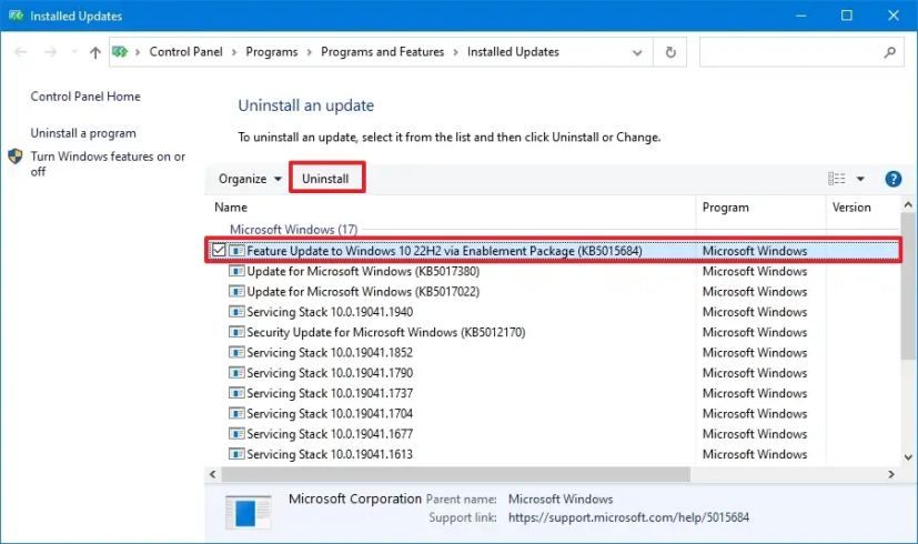 Désinstallation de Windows 10 22H2