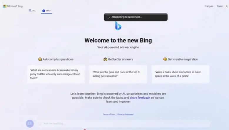 Nouvelle page de recherche Bing (Source : @Owen_Yin)